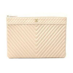 Chanel Chevron V Stitch Clutch Bag Caviar Leather Pink Beige